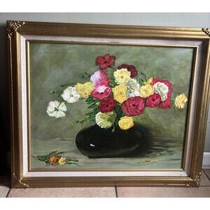 floral still life oil painting Signed By Artist Evelina Framed 20x24